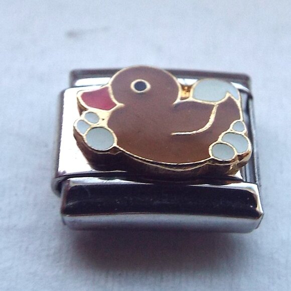 Brown enamel duck and bubbles 9mm stainless steel Italian charm bracelet link - Picture 1 of 2